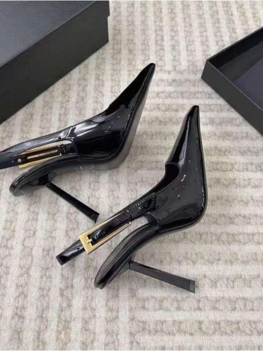 Black Patent Pointed Toe Slingback Heels with Gold Accent